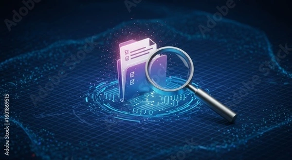 Fototapeta Digital file folder with checklist documents under a magnifying glass, set against a blue glowing data grid