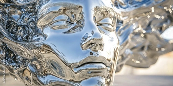 Fototapeta A sci-fi-inspired sculpture where a liquid chrome face is forming from abstract waves