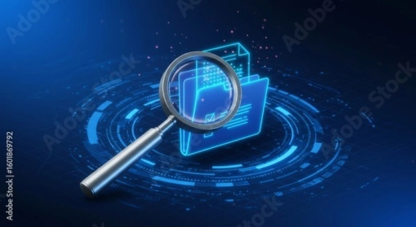 Fototapeta Digital files highlighted by a magnifying glass, set against a blue digital user interface backdrop