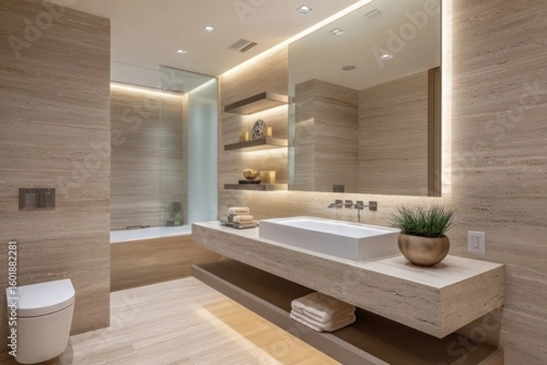 Fototapeta Contemporary neutral bathroom in muted almond with floating glass shelves, backlighting behind the mirror illuminating stone-textured wall with soft