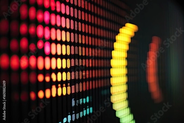 Fototapeta Abstract display of colorful lights in a vertical grid formation, with blurred, curved, warm tones
