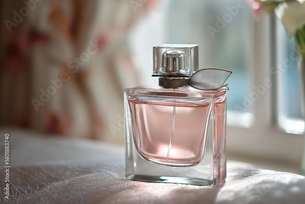 Fototapeta Elegant Pink Perfume Bottle with Silver Leaf on Textured Surface. Mock up promotion information for marketing announcements and details, blank white space.