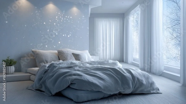 Fototapeta Ethereal white bedroom with dimmable overhead moonlight simulation, casting subtle blue tint and soft gradients textured linen bedding, sheer