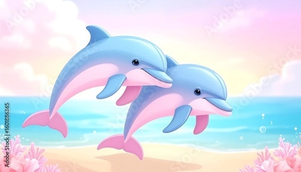 Fototapeta Two playful dolphins leap above a pastel beach