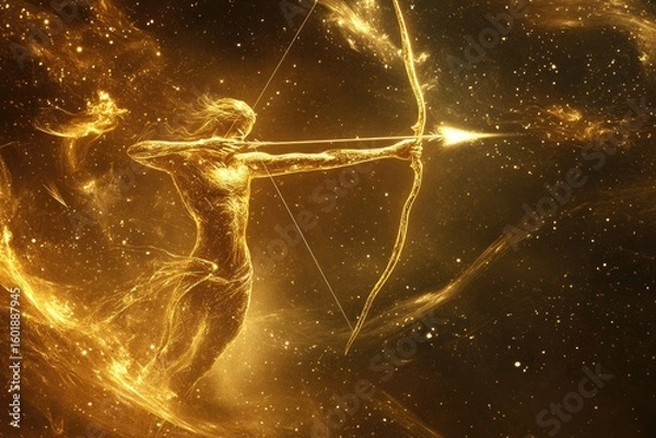 Fototapeta A celestial figure, formed of golden light, draws a bow and arrow, aiming into a star-filled cosmos