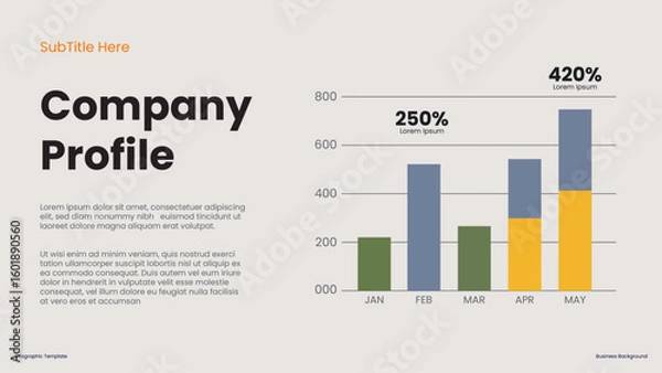 Fototapeta Company Profile Document Featuring Colorful Data Charts and Growth Statistics in a Professional for presentations diagram template, process, chart workflow, banner layout, info graph concept