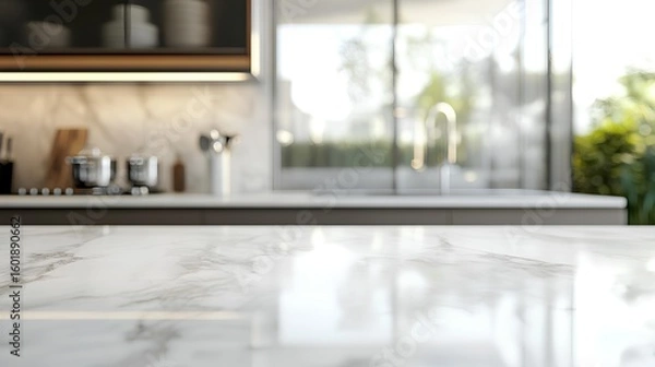 Fototapeta Modern Marble Kitchen with Blurred Background: A contemporary marble countertop in a modern kitchen, showcasing the clean lines, natural textures and soft, natural light.
