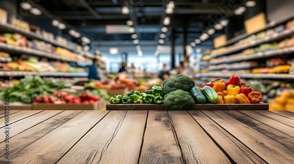 Fototapeta Aisle of Abundance: Fresh produce awaits in a bright supermarket, creating a colorful tapestry of textures and tastes.  A wooden table in front of the supermarket with out of focus backdrop .