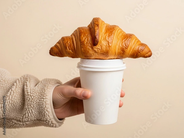 Obraz A crispy croissant is placed on top of a white coffee cup held by a warm hand.
