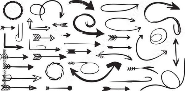 Fototapeta A Collection of Hand Drawn Black Arrows Various Styles and Shapes Including Straight Curved Swirling and Ornate Designs on White