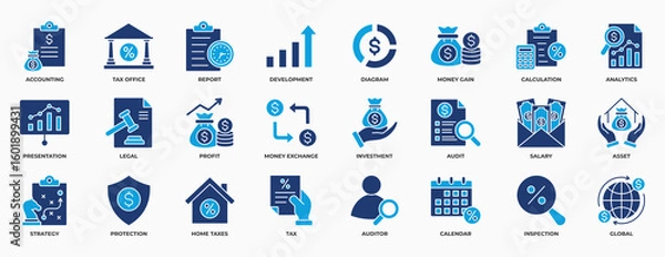 Obraz Accounting and Taxes icons Set. Containing accounting, taxes, financial, tax office, development, money, profit and investment. Simple Flat Vector Illustration.