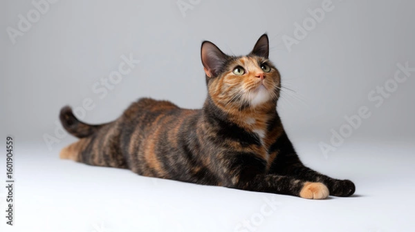 Fototapeta A graceful tortoiseshell cat lying down and looking up on a white background