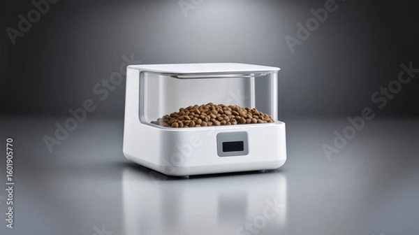 Fototapeta Smart automatic pet feeder with an LCD screen on a dark reflective background