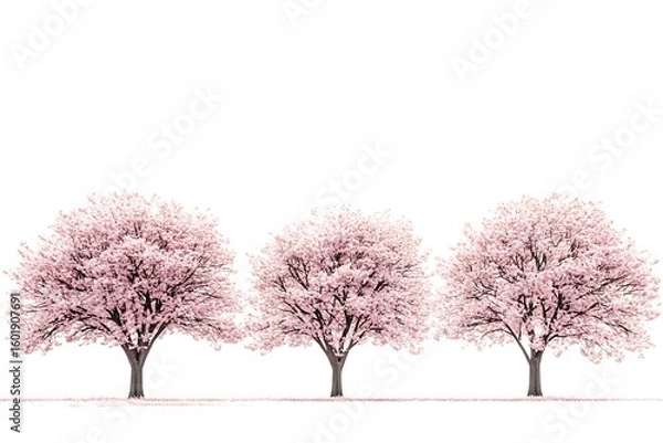 Fototapeta Three beautiful cherry blossom trees with pink flowers blooming in spring against white background