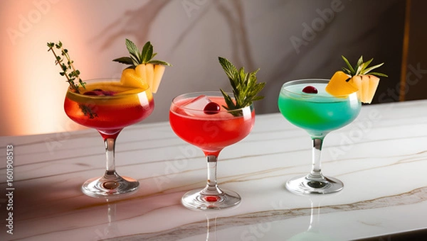 Obraz Assorted bright cocktails served in stylish glasses on marble surface, top-down view