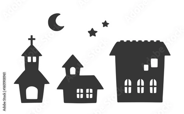 Obraz ハロウィンの街並みのシルエットイラスト