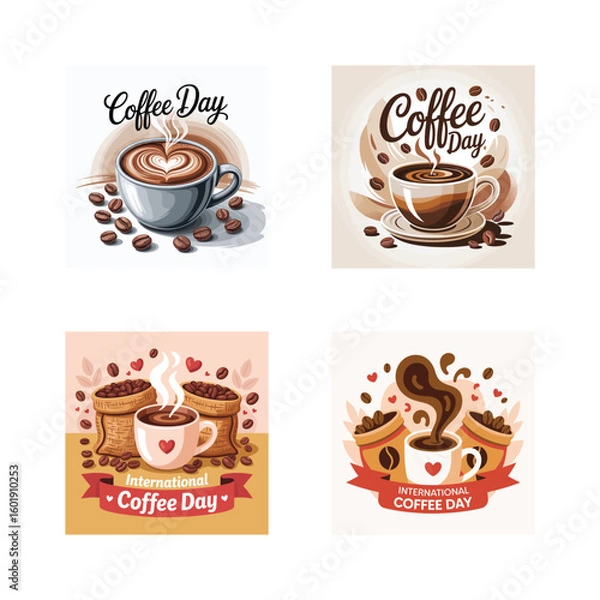 Fototapeta Coffee cups with latte art and beans vector