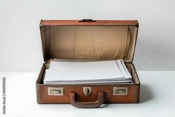Fototapeta Vintage leather briefcase overflowing with documents and paperwork on a white background