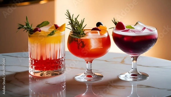 Obraz Group of exotic cocktails with ice and citrus slices on marble bar, modern atmosphere