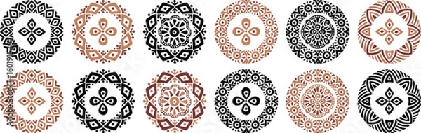 Fototapeta A set of African decorative circle ornament vector illustration. Hand drawn circular ethnic art for bohemian interior design. Tribal pattern for plate, rug or other round printing design. Ring art.