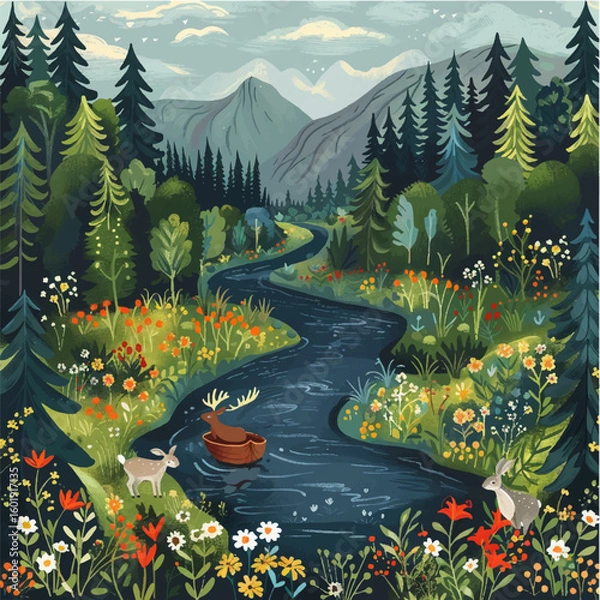 Fototapeta Postcard, picture of nature with flower meadows, mountains, river, landscape