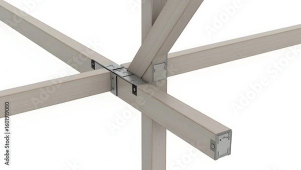 Fototapeta Construction Detailed joint connection between horizontal and vertical beams in building frame, rendered against white isolate