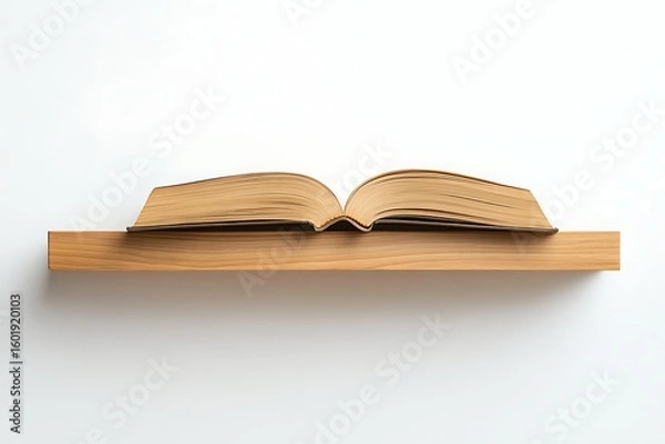 Fototapeta Open book on wooden shelf against white backdrop displaying knowledge and literature