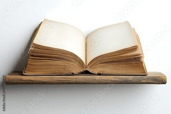 Fototapeta Open antique book on rustic wooden shelf with blank pages for text and illustrations