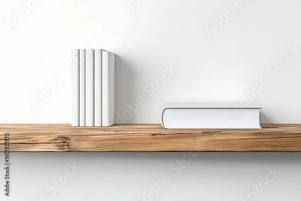 Fototapeta White books on wooden shelf against blank wall creating minimalist interior design concept