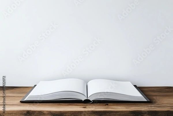 Fototapeta Open book with blank pages on wooden table against white background perfect for mockups