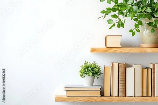 Fototapeta Books and plants on wooden shelves against a white wall create a cozy reading space