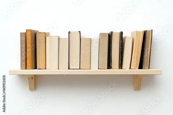 Fototapeta Bookshelf with old books on white background. Vintage collection on wooden shelf. Education concept