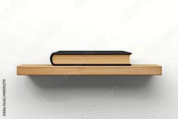 Fototapeta Book with a black cover lying on a wooden shelf against a white wall background