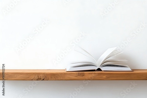 Fototapeta Open book on wooden shelf against white wall background offering a sense of knowledge