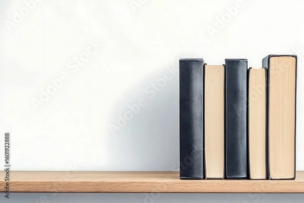 Fototapeta Books on shelf against white wall, home library concept with vintage book spines and shadow