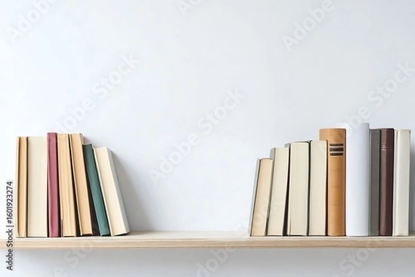 Fototapeta Bookshelf with neutral colored books on wooden shelf against white wall, simple and minimalist