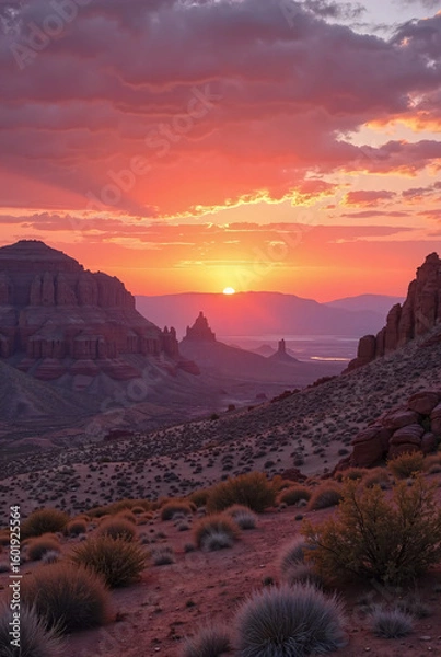 Fototapeta  Hills fading into the purple horizon, ancient rock formations catching the last rays of sunlight, scattered desert plants glowing orange, and cirrus clouds painted in vibrant shades of coral and mage