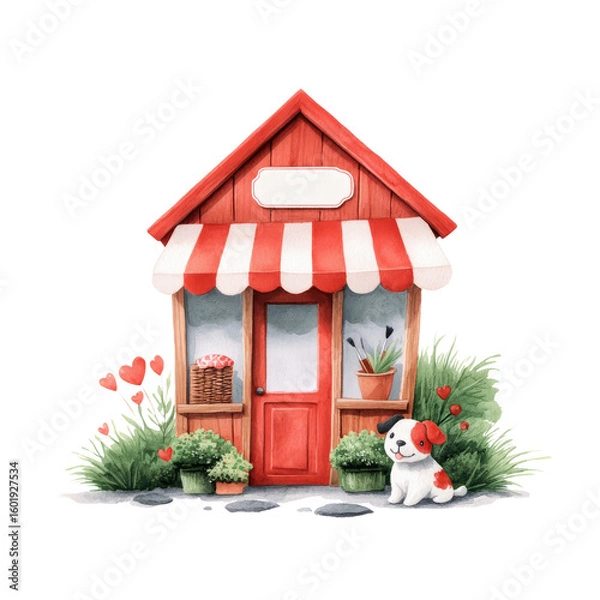 Obraz Charming red storefront with a friendly dog and greenery