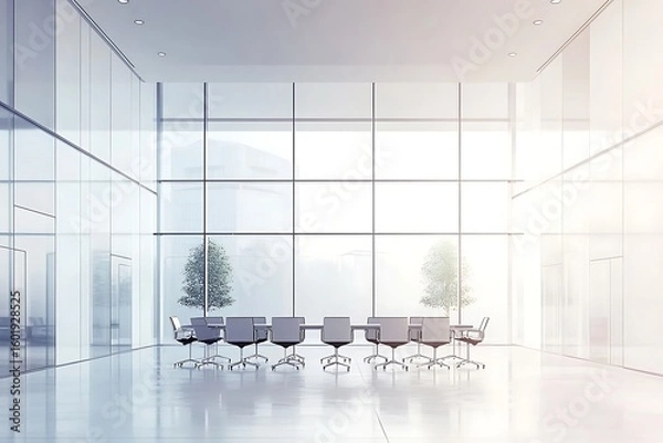 Fototapeta Bright and modern conference room with glass walls and table ready for business meetings