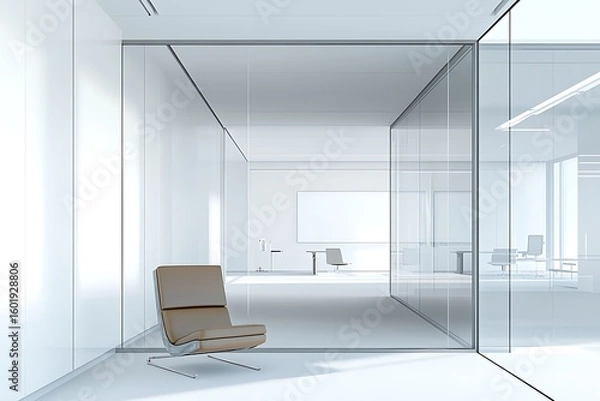 Fototapeta Modern office interior with glass walls and lounge chair creating a bright and spacious workspace