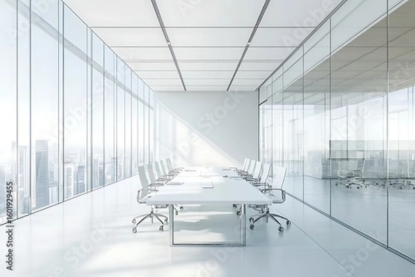 Fototapeta Bright modern office conference room with city view and large windows, perfect for meetings