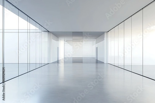 Fototapeta Modern architecture corridor with glass walls and concrete floor, spacious and bright