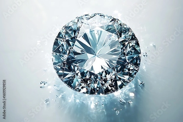 Fototapeta Sparkling Diamond Gemstone with Shattered Fragments and Reflections on Light Surface, Luxury Concept
