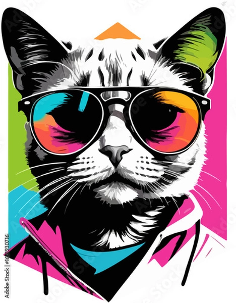 Obraz Funky Neon Cat with Sunglasses Vector Art