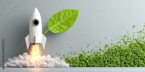 Fototapeta Eco Startup concept A rocket launching with a green leaf, symbolizing eco-friendly innovation and sustainable technology.