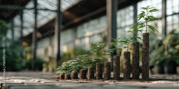 Fototapeta Eco Startup concept Growing plants displayed as a bar graph, symbolizing progress and sustainability in a greenhouse setting.
