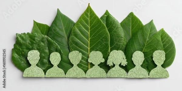 Fototapeta Eco Startup concept Silhouettes of people integrated with green leaves symbolize unity with nature.
