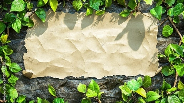 Fototapeta Eco Startup concept Blank textured canvas framed by green leaves and vines, creating a natural, organic feel.