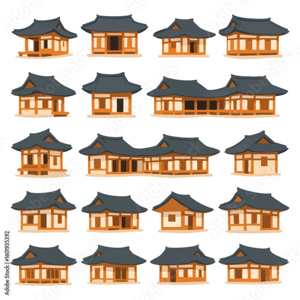 Obraz 한국 전통 한옥 건축 아이콘 세트, 분리된 배경. 고풍스럽고 클래식한 전통 건물 디자인 소스