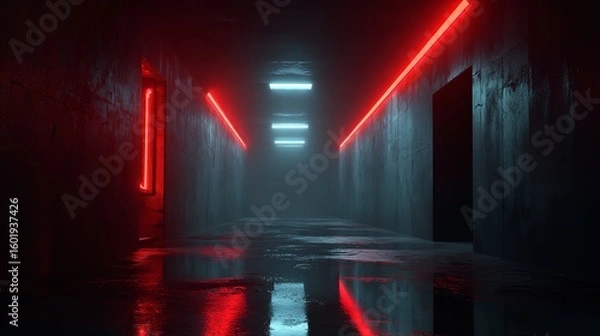 Fototapeta An empty dark room with green fluorescent neon lights creates a stage-like atmosphere, perfect for a scene or night club party concept, with ample space